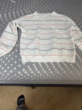 SHEIN White Crewneck Sweater with Pink & Gray Stripes
